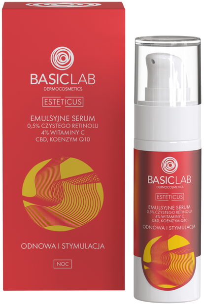 BasicLab Emulsyjne serum z 0,5% czystego retinolu, 4% witaminy C, CBD i koenzymem Q10 Odnowa i stymulacja 30ml